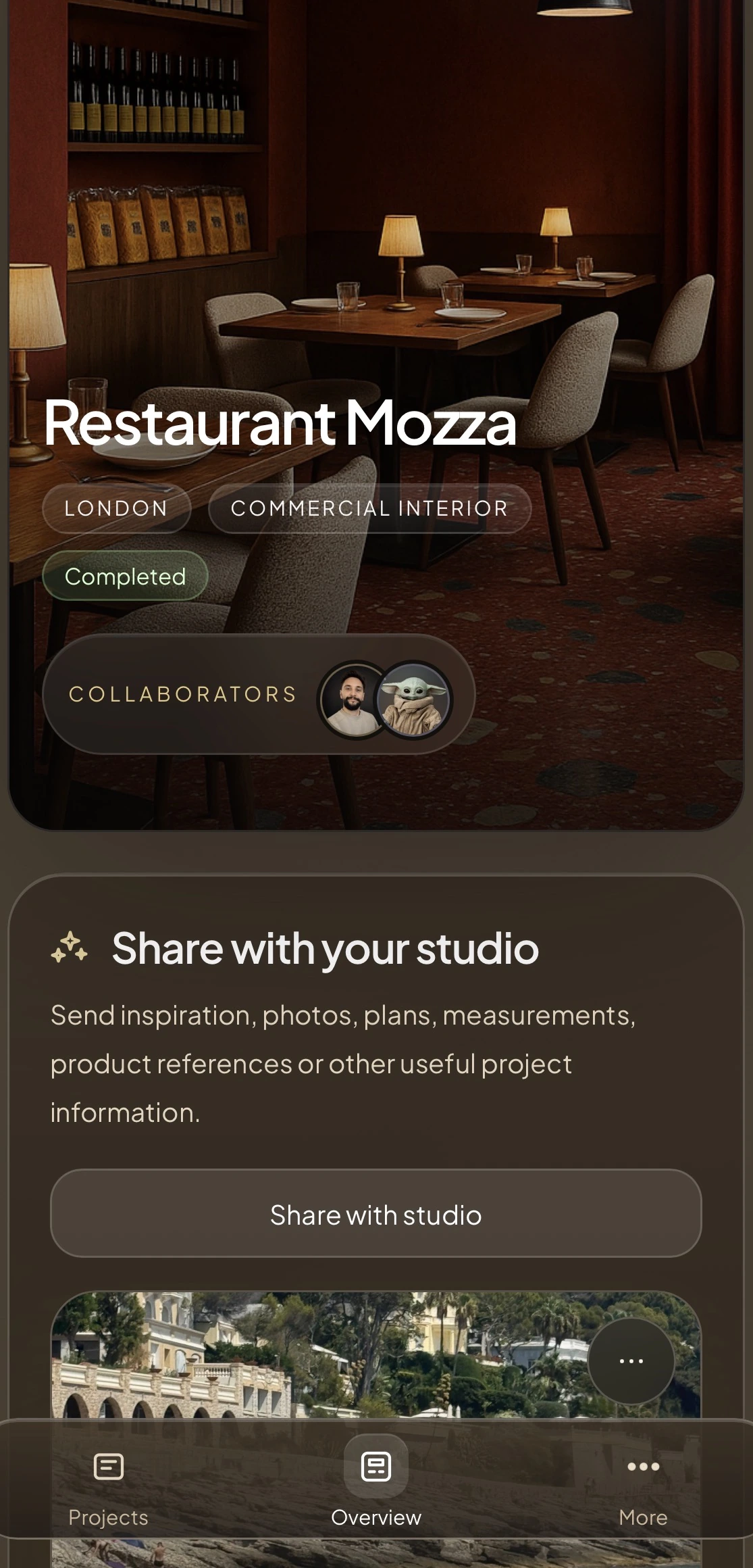 Current DesignerFlow client mobile project overview for Restaurant Mozza
