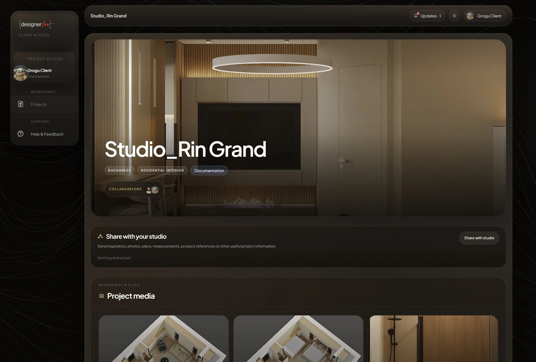 Current DesignerFlow client project overview with curated project identity, shared media, and project access