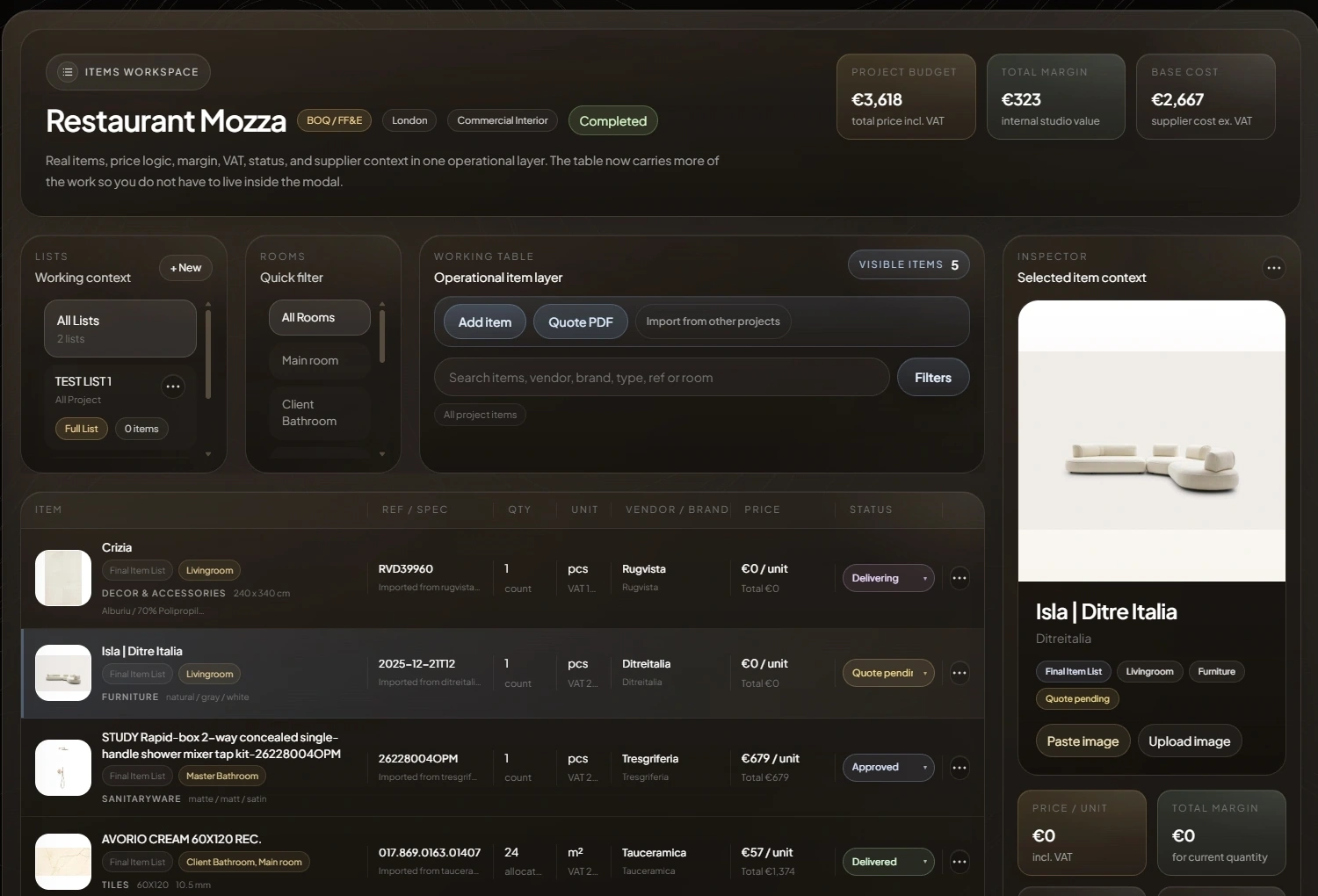 Current Restaurant Mozza Items Workspace with populated lists, rooms, vendor, brand, references, quantities, pricing, status, totals, and item inspector