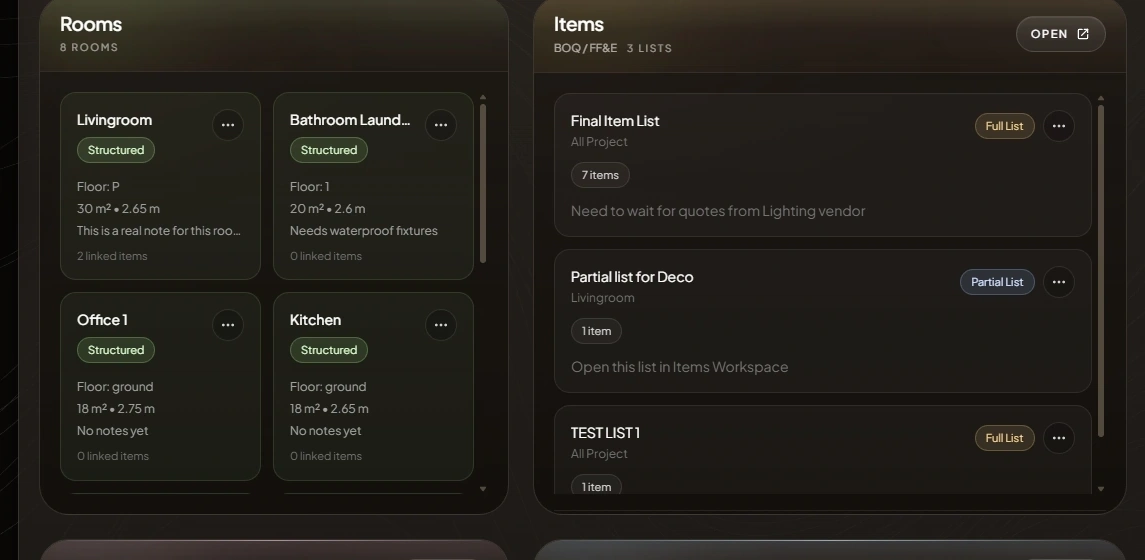 Current DesignerFlow whole-project operating grid with rooms, lists, suppliers, renderings, documents, and project activity