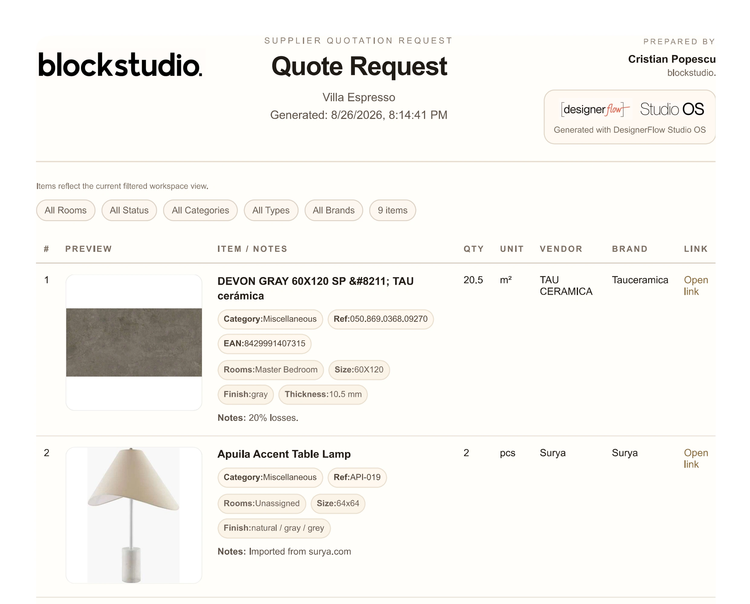 Current DesignerFlow supplier Quote Request with studio branding, generation and filter context, populated item rows, quantities, units, vendors, brands, references, and source links