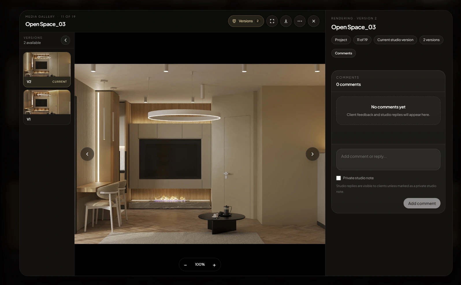 Current DesignerFlow Rendering viewer with a large project visual, V1 and V2 history, current version, and review context