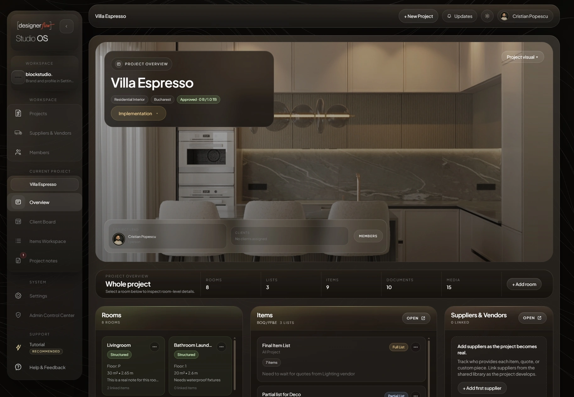 Current DesignerFlow Studio Project Overview with project visual, identity, members, rooms, lists, documents, and media