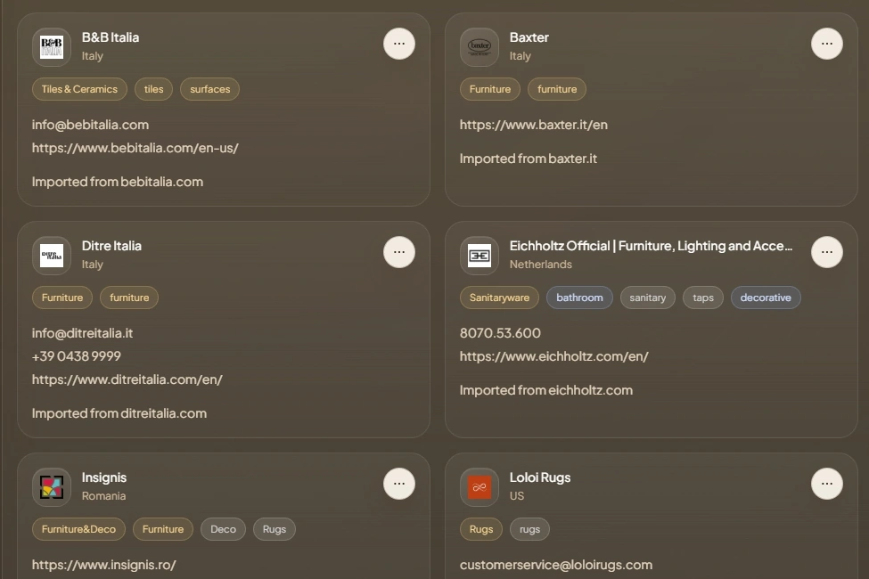 Current DesignerFlow supplier records with logos, categories, contacts, websites, and shared library structure