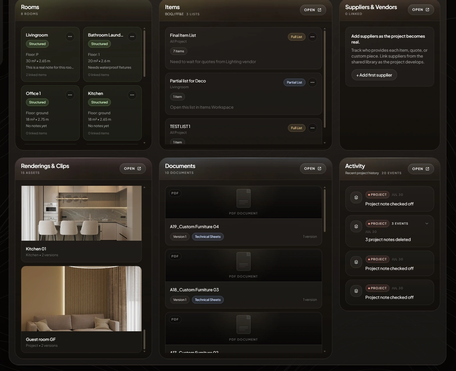 Current DesignerFlow whole-project operating grid with rooms, lists, suppliers, renderings, documents, and project activity